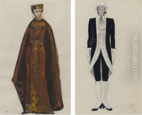 Costume Designs: Princess And Attendant: 2 Works Oil Painting by Lev Bruni