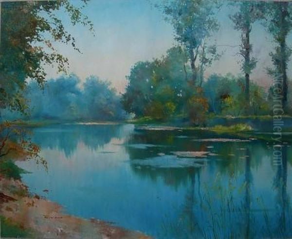 Morning Reflections On An Italian Lake Oil Painting by C. Brunner