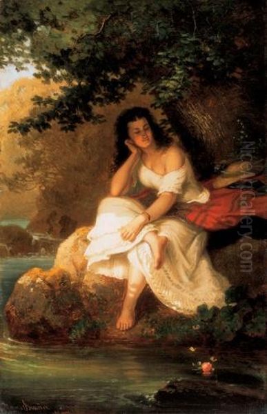 Girl Sitting By The Brook Oil Painting by Hans Brunner