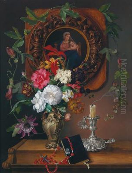 Still Life With Flowers In A Vase And A Portrait Of The Madonna Oil Painting by Leopold I Brunner