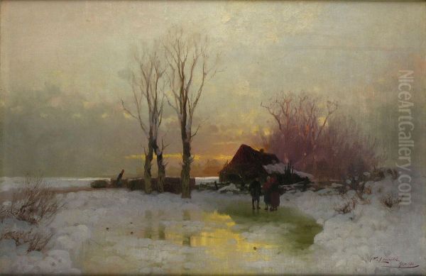 Abendliche Schneelandschaft Oil Painting by Leopold I Brunner