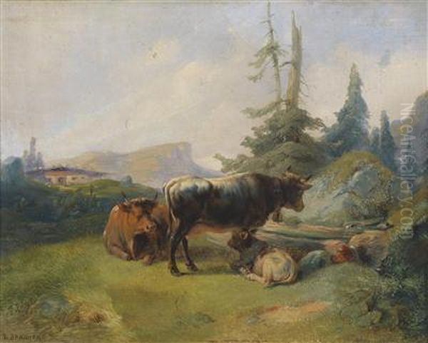 Cows Reposing On An Alp Oil Painting by Leopold Ii Brunner