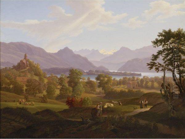 View Of Meggen With The Ruin Of Neu-habsburg Oil Painting by Salomon Brunner