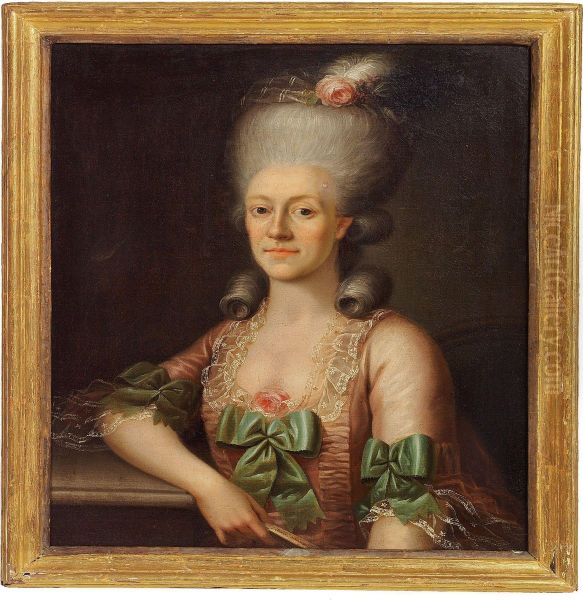 Portrait Of A Lady In A Pink Dress With Green Bows Oil Painting by Andreas Brunniche