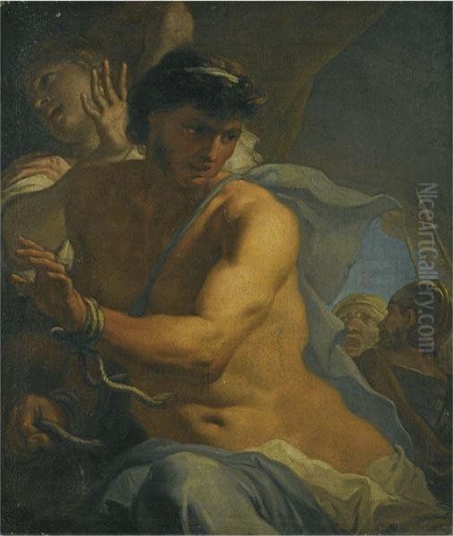 Samson Freeing Himself Oil Painting by Girolamo Brusaferro