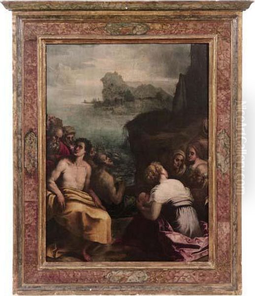 Scena Biblica (predica Di Sant'antonio Ai Pesci) Oil Painting by Domenico Riccio Brusasorzi