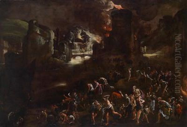 Aeneas Tragt Seinenvater Anchises Aus Dem Brennenden Troja Oil Painting by Cornelio Brusco