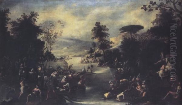 A Wooded River Landscape With Soldiers Resting Oil Painting by Cornelio Brusco