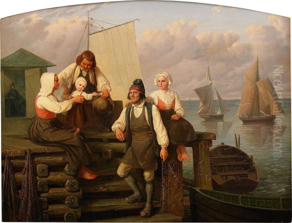 Fiskarfamilj Pa Kajen Oil Painting by Gustaf Brusewitz