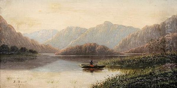 Einsamer Fischer Im Boot Auf Einem Nordischen See In Gebirgslandschaft Oil Painting by Ferdinand Brutt