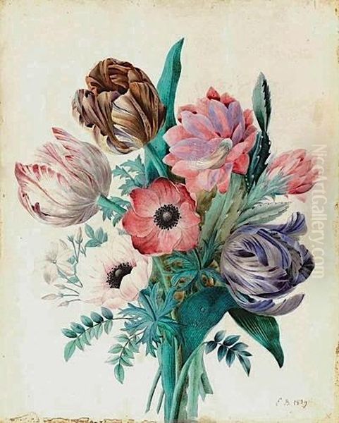 Bouquet De Tulipes, Anemones Et Fleur De Cactes Oil Painting by Elise Lebarbier Bruyere