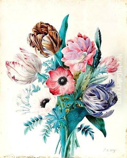 Bouquet De Tulipes, Anemones Et Fleur De Cactes Oil Painting by Elise Lebarbier Bruyere