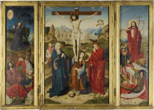 A Triptych Representing The Crucifixion, Flanked By The Agony In The Garden And The Resurrection, With Scenes From The Passion Beyond Oil Painting by Bartholomaeus I Bruyn