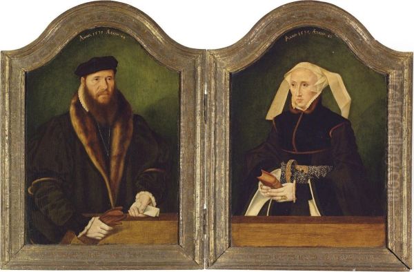 A Diptych: Portrait Of A Gentleman, Half-length, In A Fur-linedcoat, With Leather Gloves And A Letter In His Hand; And Portrait Ofa Lady, Half-length, In A Black Dress And Pearl Encrusted Belt,holding A Book Oil Painting by Bartholomaeus Ii Bruyn