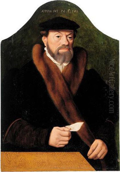 Portrait Of A Gentleman, Half-length, In A Black Coat With A Furcollar And A Black Hat, A Letter In His Right Hand: And Portrait Ofhis Wife, Half-length, In A Black Coat With White Lining, Anembroidered Belt And A Head-dress, Holding A Rosary Oil Painting by Bartholomaeus Ii Bruyn