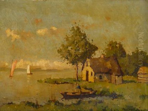 Cottage By The Lake Oil Painting by Nicolaas Bruynesteyn