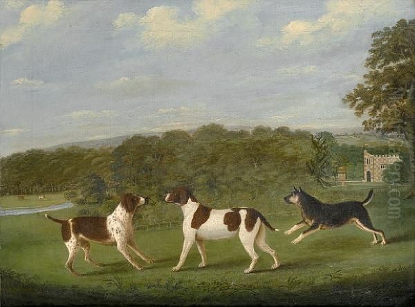 Three Dogs In A Landscape Before A Countryhouse Oil Painting by J. Bryan