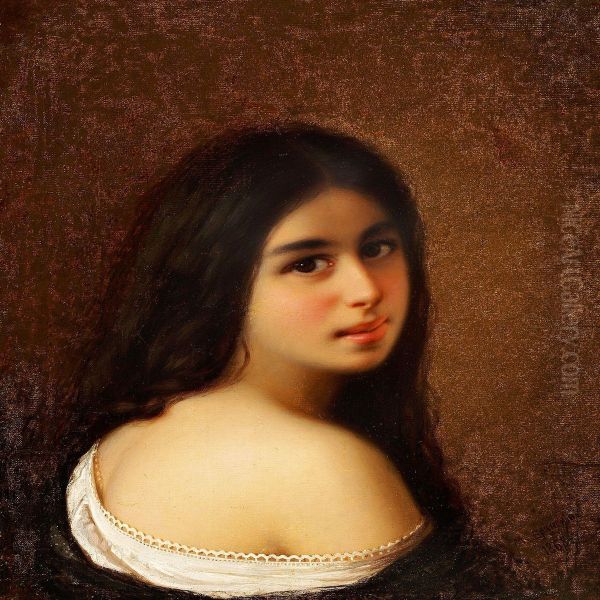 Young Woman With Dark Oil Painting by Mikhail Vasilievich Bryansky