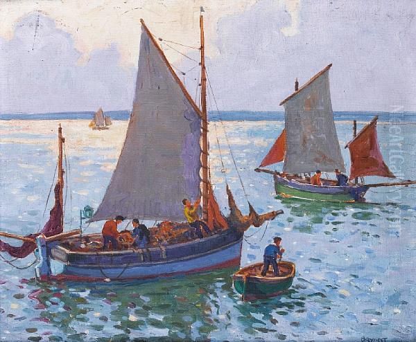 Fishing Boat With Tender Oil Painting by Charles David Jones Bryant