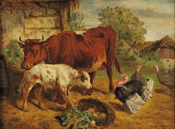 Barnyard With Cows And Turkeys Oil Painting by Henry Bryant