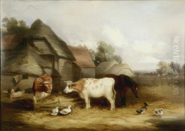 Stable Yard With Cattle, Pigs And Ducks Oil Painting by Henry Bryant