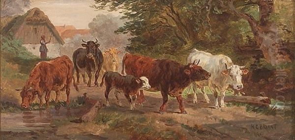 Cattle By The Roadside Oil Painting by Henry Bryant