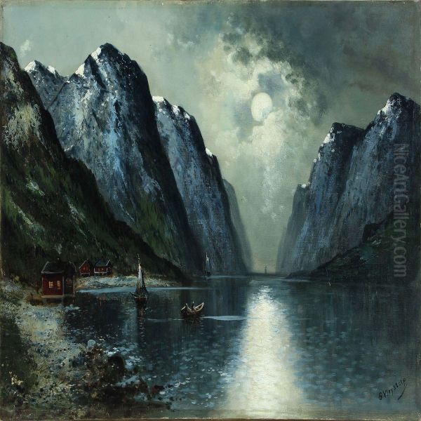 Moonlight Scenery From Lofoten In Norway Oil Painting by Olav Brystorp