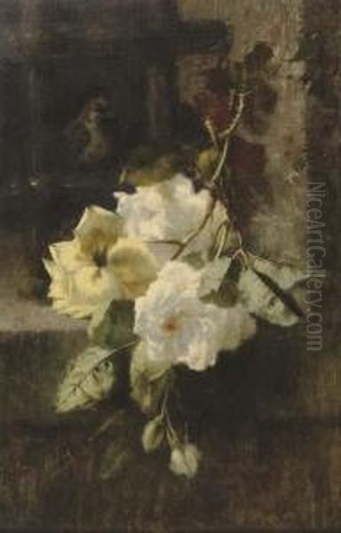 A Swag Of White And Yellow Roses Oil Painting by Ermocrate Bucchi