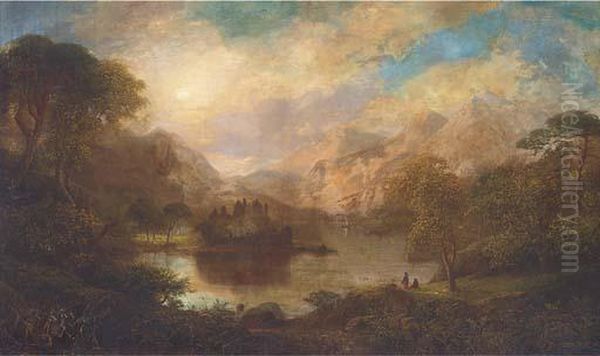 Figures On The Bank Of A Loch, With A Ruined Castle Beyond. Oil Painting by George F. Buchanan