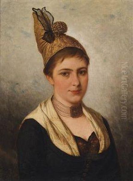 Young Woman Infolk Costume With Golden Bonnet Oil Painting by Josef Bche