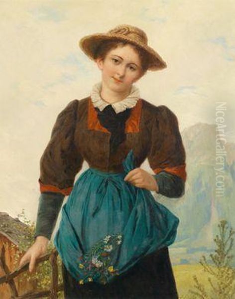 Junge Frau Mit Blumen Vor Gebirgshintergrund Oil Painting by Josef Bche