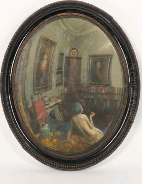 An Interior As If Viewed Through A Convex Mirror Oil Painting by Charles A. Buchel