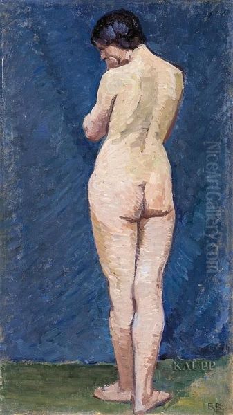 Vor Einer Blauen Wand Stehender Weiblicher Ruckenakt Oil Painting by Ernst Buchner