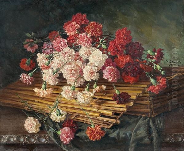 Gillyflowers In A Basket Oil Painting by Hans Buchner