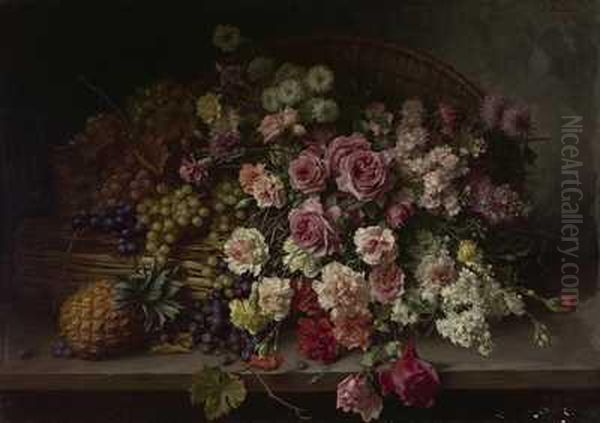 Stilleben Mit Rosen, Nelken, Levkojen Und Ananas Oil Painting by Hans Buchner