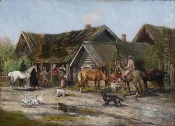 Rastende Reiter Vor Einem
 Russischen Bauernhaus. Oil Painting by Robert Buchtger