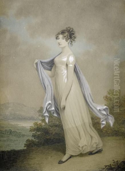 Portrait Of A Lady, Full-length, In A White Dress And A Blue Shawl, Standing Before An Open Landscape Oil Painting by Adam Buck