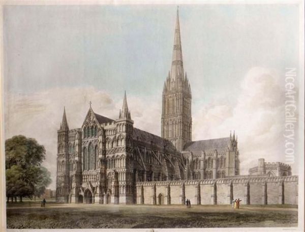 Southwest View Of The Cathedral Church Of Salisbury Oil Painting by Charles E. Buckler