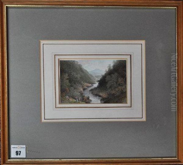 River Landscape With Figures Oil Painting by John Chessell Buckler