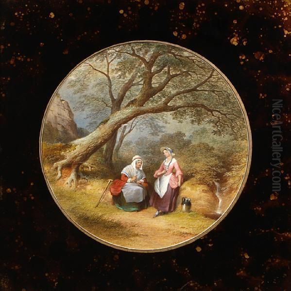 An Old Woman And A Maiden In A Landscape Oil Painting by Charles Frederick Buckley