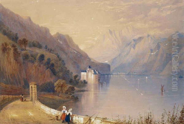 Figures Standing On The Shore Of Lake Geneva Oil Painting by Charles Frederick Buckley