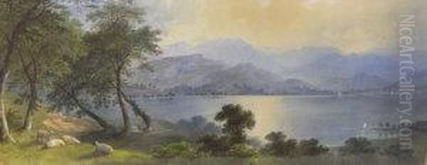 Mountainous Lakeside Landscape With Sheep Grazing Oil Painting by Charles Frederick Buckley