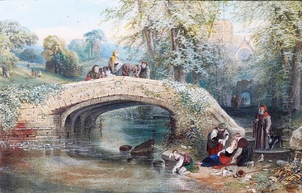 Figures Assisting A Fainting Maiden, With Travellers Crossing A Bridge Oil Painting by John Edmund Buckley