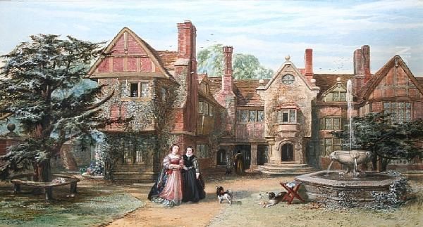 Elizabethan Figures Before A Manor House Oil Painting by John Edmund Buckley