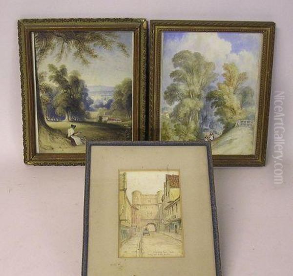 W Buckley, Figures In A Rural Setting, Watercolour, A Pair, 24 X 18.5cm, And Another Of Bootham Bar, York Oil Painting by William Buckley