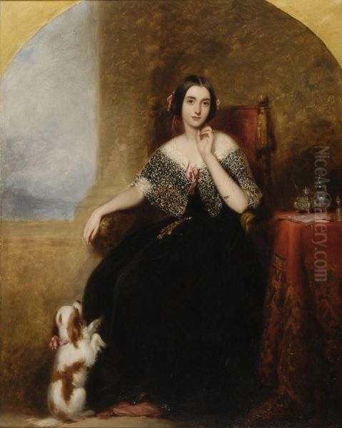 Mrs. Horace Marryat With Her Pet Spaniel Oil Painting by Richard Buckner