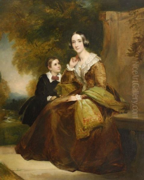 Portrait Of A Lady And Her Son In A Park Oil Painting by Richard Buckner