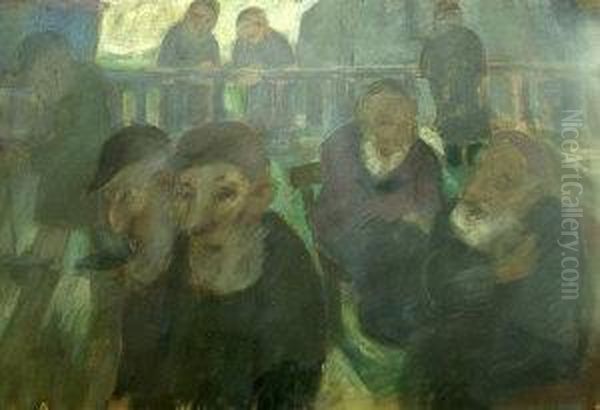 Group Of Figures By A Fence Oil Painting by Joseph Budko