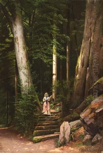 Jeune Femme Dans La Foret. Oil Painting by Gustaw Daniel Budkowski