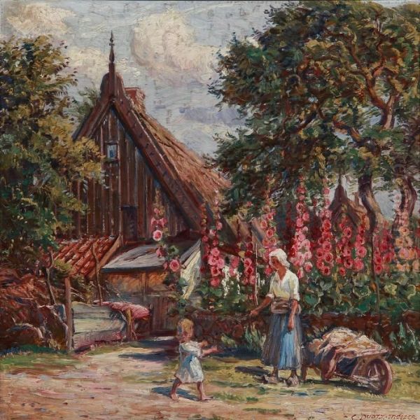 Mother With Her Daughter In Front Of Hollyhocks At A Farm Oil Painting by Carl Budtz-Moller